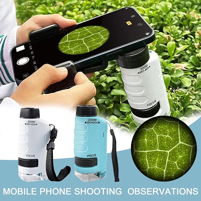 Mini Microscope for Kids,Mini Microscope 60x-120x,LED Pocket Microscope,Portable Handheld Education Science Experiment Set Toys(White)