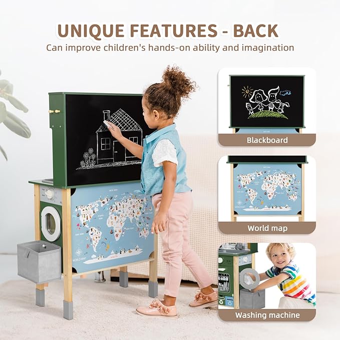 Kids Kitchen Playset for Toddlers 3-5 Years, Wooden Play Kitchen for Toddlers with Coffee Maker, Microwave, Dishwasher and Washing Machine