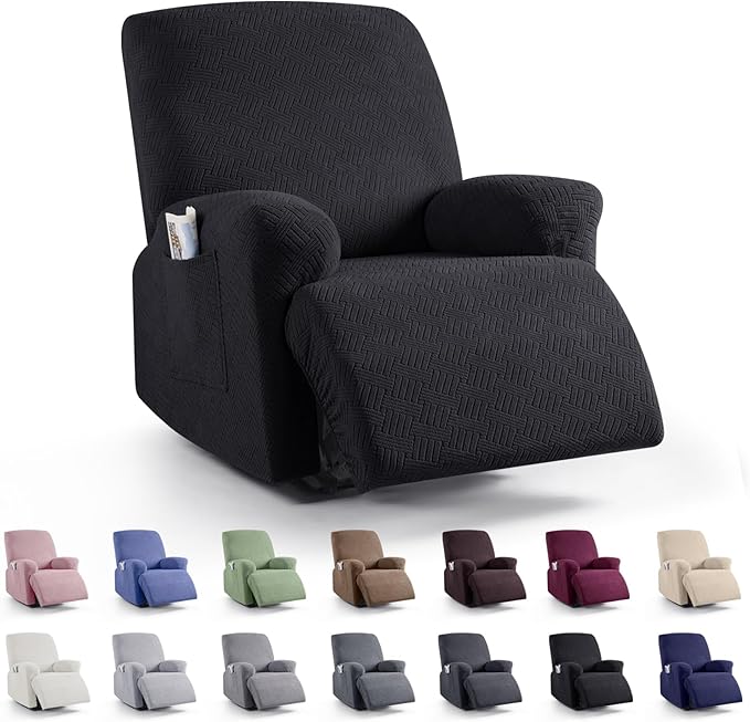 KinCam Recliner Covers, Stretch Reclining Chair Covers, Recliner Sofa Slipcovers Stripe Jacquard Recliner Couch Covers Furniture Protector Covers for Pet Kid (1 Seater, Black)
