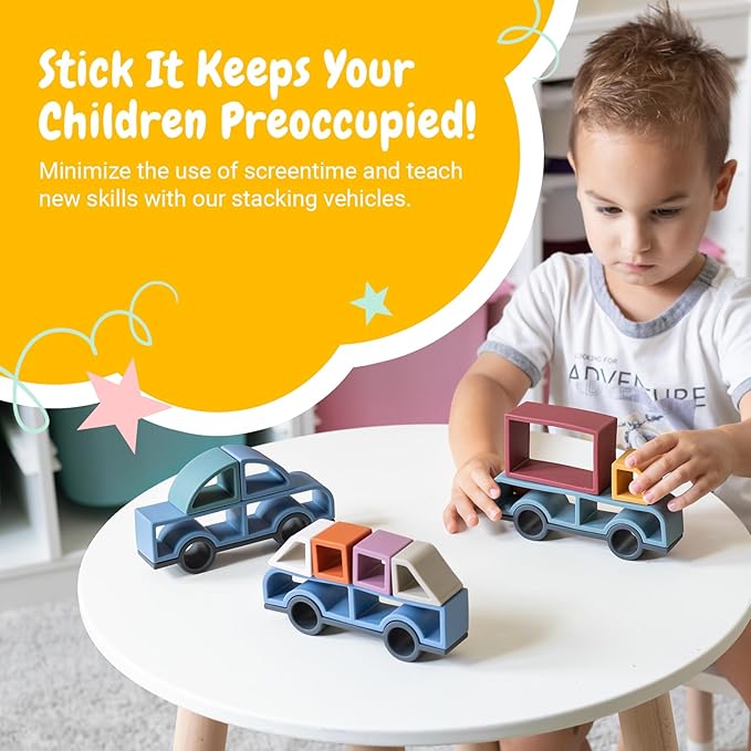 Stick It Montessori Food Grade Silicone Stacking Vehicles, 14 Pcs Toddler Baby Building Blocks Teether Educational Open Ended Shapes STEM Toy, 18+ Months (Set of 3 (Truck, Van, Car))