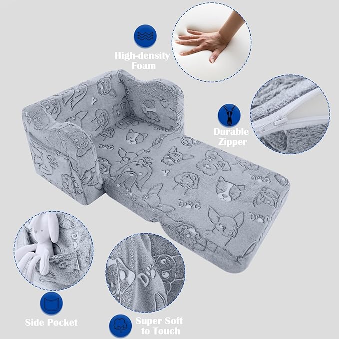 MeMoreCool Toddler Fold-Out Chair for Girls and Boys, Glow-in-The-Dark Soft Plush Kids Recliner, Convertible Folding Baby Couch for Playroom (Glowing Dogs)