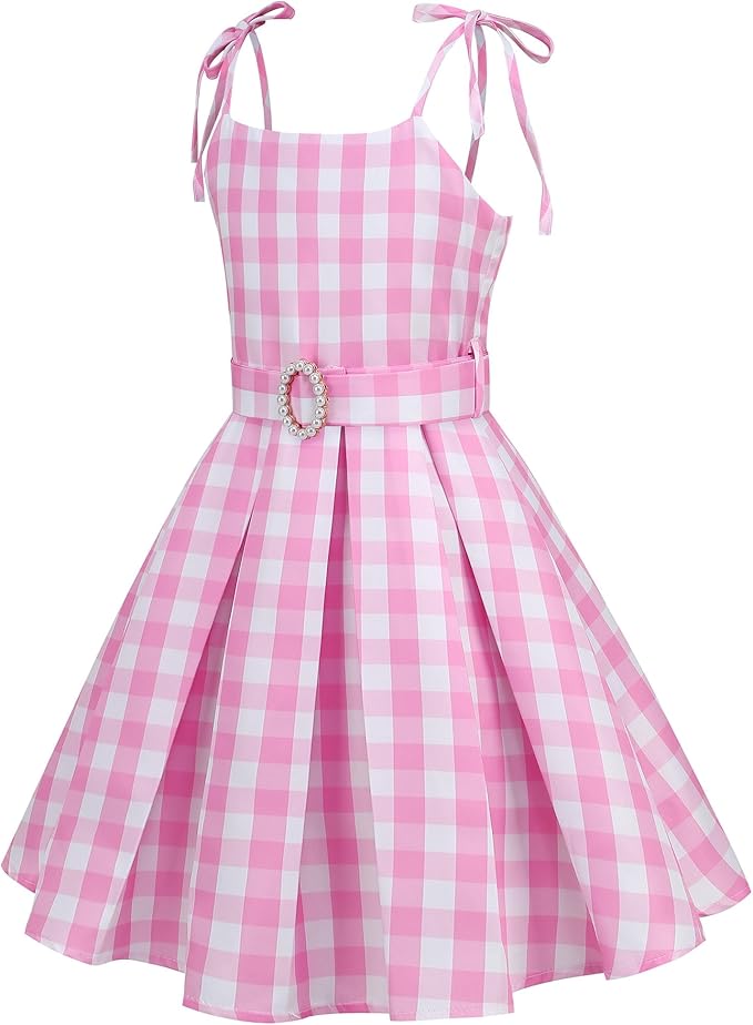 Girls Pink Plaid Costume Strap - Kid Dress Movie Cosplay Outfits Halloween Gingham Birthday Costumes