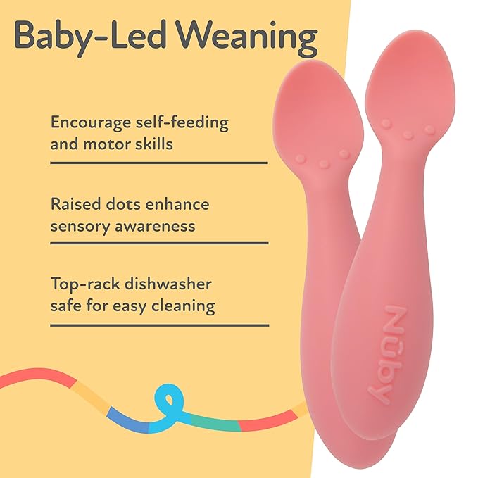 Nuby Silicone Mini Spoons - (2-Pack) Baby-Led Weaning Spoons for Babies - 4+ Months - Pink