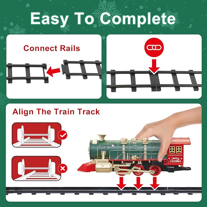 JUQU Train Set, Electric Train Set w/Smoke, Light and Xmas Sounds, Christmas Tree Train Toys w/Steam Locomotive Engine, Toddler Train Sets for Boys 4-8, for Kids Ages 3 4 5 6