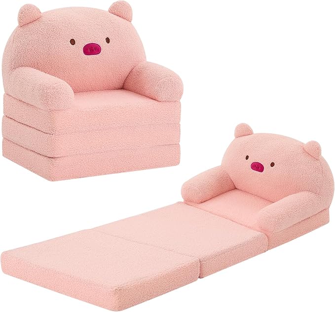 MOONBEEKI Comfy Toddler Chair, Kids Couch Fold Out to Lounger, Foldable Baby Sofa Plush for Girl and Boy Age 18 Months and Up （Pig）
