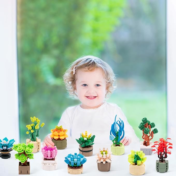 Succulents Plant Decor Building Kit 12PCS, Bonsai Tree Building Block Set, Flower Bouquet Toys Kit Botanical Collection, Creative Building Project for The Home or Office, Kids Party, Birthday Favors