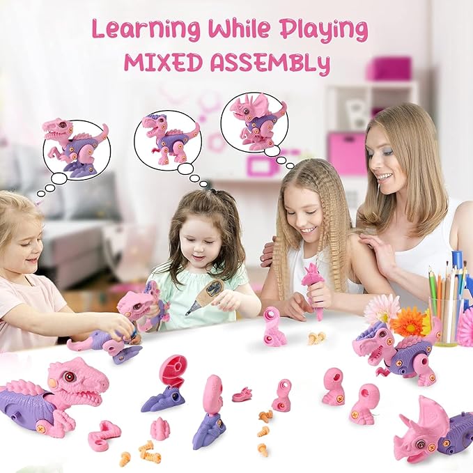 FREE TO FLY Girl Toys Take Apart Dinosaur: Pink Dinosaur Toys for Kids 3-5 5-7 Stem Learning Educational Montessori Toys for 3 4 5 6 7 8 Year Old Girls Toddlers Autism Sensory Xmas Birthday Gifts