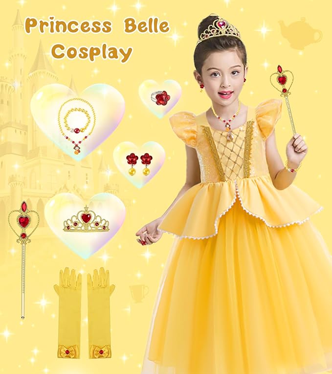 Princess Dress Up Clothes for Little Girls, Belle Costume Dress with Accessories for Birthday Party Cosplay Halloween