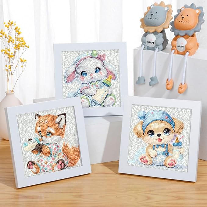 FQOVKYN 4 Pcs Baby Animals Diamond Art Kits for Kids, Cute Animals DIY Diamond Arts Mosaic Kits for Adults Beginner, Full Round Drill Diamond Art Painting for Home Wall Decor Kids Gift 6X6 inch