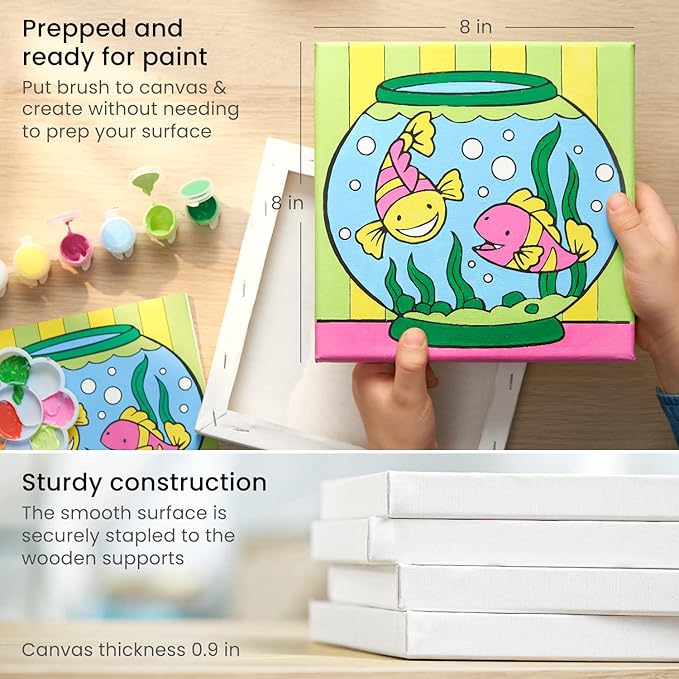 ARTEZA Kids Water Creatures Painting Kit, 4 Canvases 8 x 8 Inches, 24 Acrylic Paints, 4 Paint Brushes, 4 Palettes, Kids Activities Ages 6 and Up