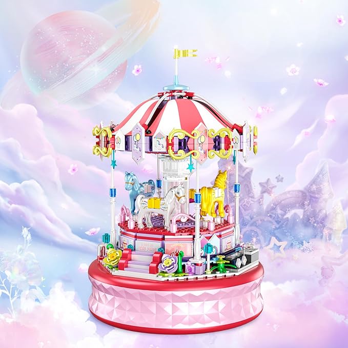 591 Piece Mini Music Box Building Block Set,Rotating Carousel DIY Building Toy,Girl Amusement Park Building Block Kit,STEM Educational Toys,Christmas Birthday Gifts for Girls Boys Ages 6-12+