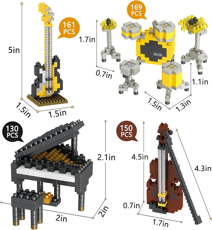 Mini Music Building Blocks Musical Instruments Sets Toys 4 Packs for Party Favors for Kids, Micro Mini Blocks Bricks Kit Electric Bass,Drum Kit,Violin,Grand Piano Goodie Bags,Prizes,Birthday Gifts