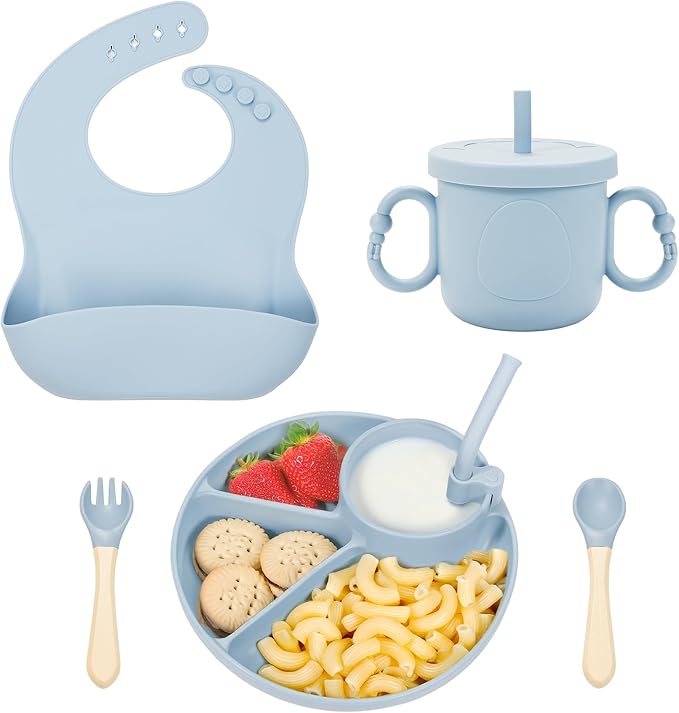 Silicone Baby Feeding Set, Baby Led Weaning Supplies, Silicone Suction Plate, Bowl, Spoons, Fork, Waterproof Bib, Cup and Food Tableware, Eating Utensils Baby Feeding Essentials for 3+ Months