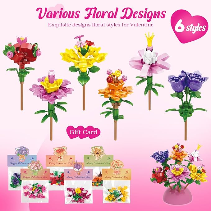 Valentines Day Gifts for Kids - 24 Pack Prepacked Valentine's Day Cards with Flower Building Blocks Crafts for School Classroom Class Party Favor, Valentines Craft Exchange for Boys Girls Teens