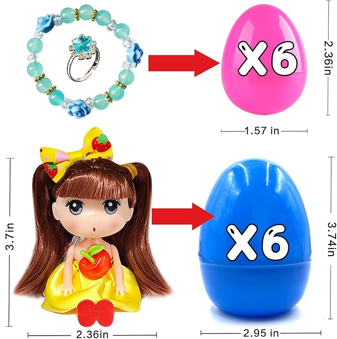 Girls Easter Eggs with Toys inside Easter Basket Stuffers for Girls 6 Dolls 6 Bracelets 6 Rings Easter Egg toys Gifts for Girls Toddler Kids Easter Eggs Filled with Toys 38 PCS