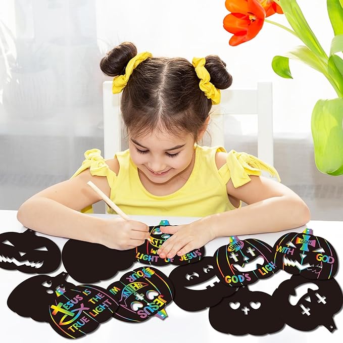 B1ykin Fall Religious Pumpkin Scratch Card - DIY Autumn Magic Scratch Cards Craft Kit for Kids, Christian Black Bible Hanging Tags Party Favors for Thanksgiving Sunday School Classroom Art Activity