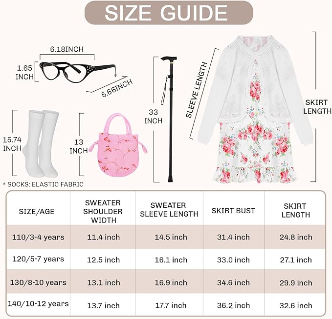 MGparty 100th Day of School Costume for Girls, Old Lady Costume for Kids, Grandma Cosplay Dress Up Accessories