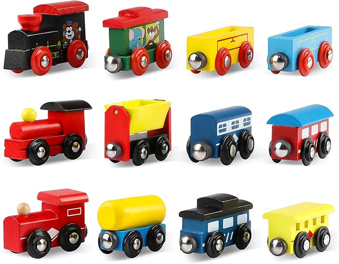 Wondertoys Wooden Train Cars 12 PCS Magnetic Train Sets Includes 3 Engines and Storage Bag - Wooden Train Set for Toddlers Compatible with Major Brands Train Set Tracks - Trains for Train Table