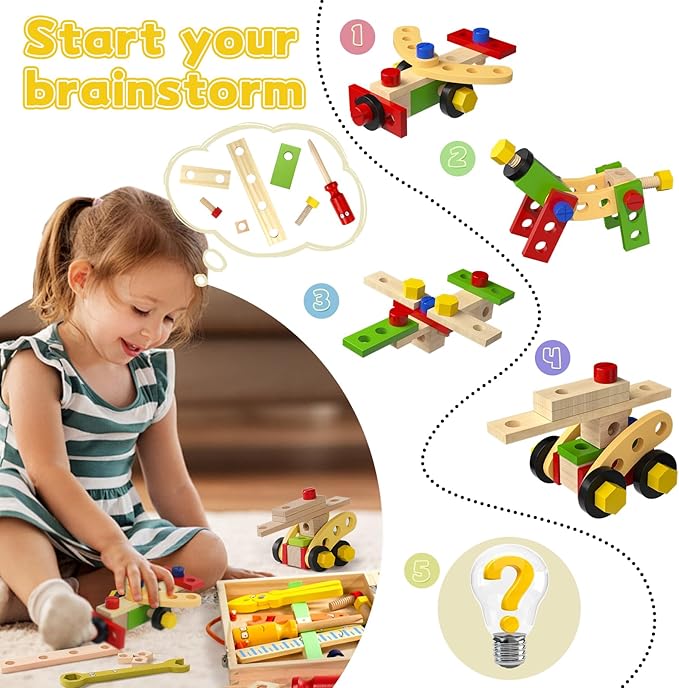 TONZE Kids Tool Set Wooden Toddler Tools Montessori Toys for 3 4 Year Olds, 34 PCS Educational STEM Construction Toys Pretend Play Toddler Tool Set Birthday Gift for Age 3-4 Boys & Girls