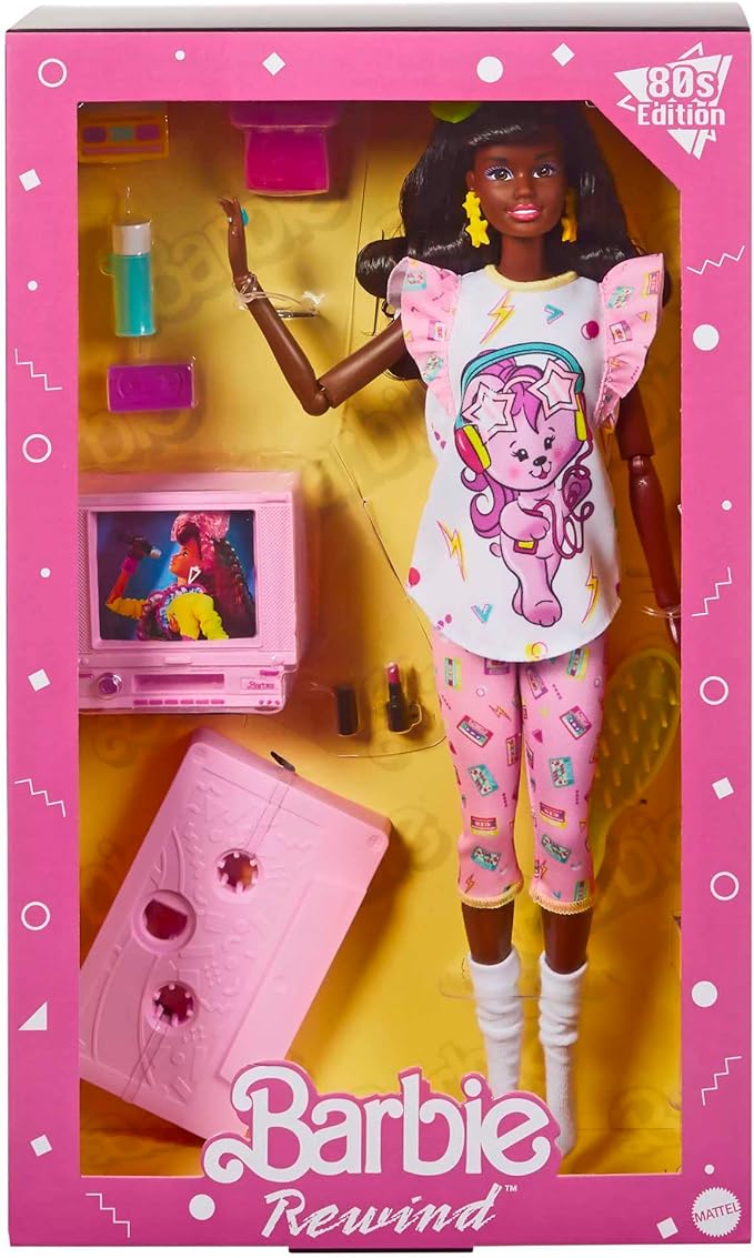 Barbie Rewind Doll & Accessories with Curly Black Hair & 1980s-inspired Slumber Party Outfit, Collectible & Displayable