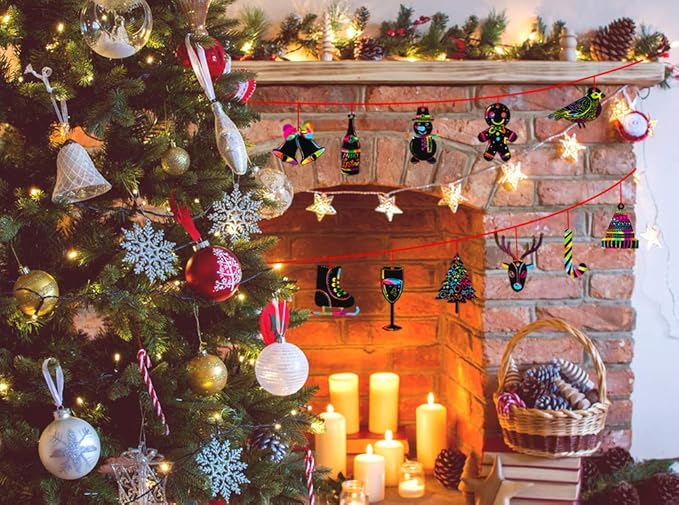 XJF Christmas Scratch Paper Ornaments, 22pcs Christmas Scratch Art Paper for Kids Toddlers Party and Xmas Tree Decoration Gift Tags Supplies