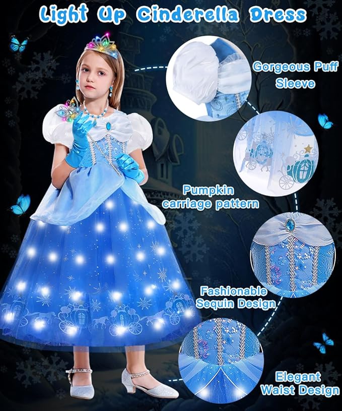 TOLOYE Princess Dress Up for Girls, Princess Costume for Girls Light Up with Accessories for Halloween Carnival Cospaly