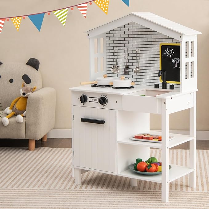 HONEY JOY Kids Kitchen Playset, Farmhouse Pretend Play Toddler Kitchen Set for Kids w/Chalkboard, Marble Backdrop, Window, Storage Shelf, Wooden Play Kitchen for Toddlers, Gift for Boys Girls, White