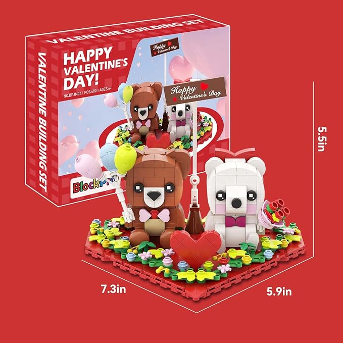 BlockPro Valentine's Day Brown and White Bear Building Set with Rose Bouquet, Love Heart Frame Ornament Building Blocks Set, Valentine's Day Gift for Adults Kids (400PCS)