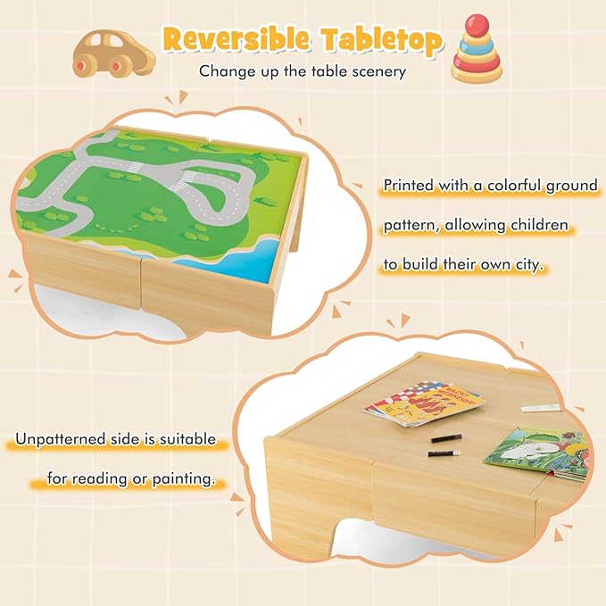 HONEY JOY Train Table, Wooden Kids Activity Table with Storage, 84 Multicolor Pieces, Tracks, Trains, Cars, Toddler Toy Train Table Set w/Reversible Tabletop, Gift for Boys Girls Ages 3+ (Natural)