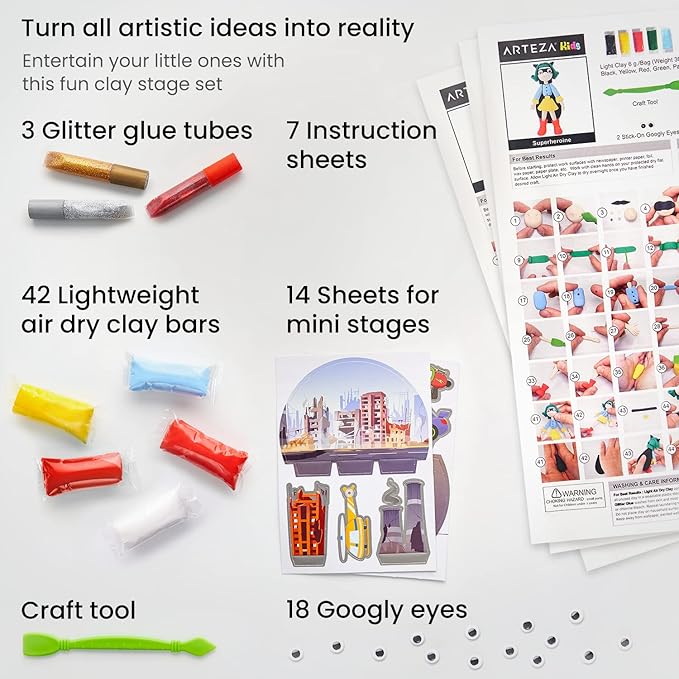 Arteza Kids Air Dry Clay, 42 Bars, Superhero Stage Modeling Clay Kit, 14 Mini-Stages, 14 Googly Eyes, 3 Glitter Glues, 1 Craft Tool, 7 Instruction Sheets, Craft Supplies for Learning and Developing