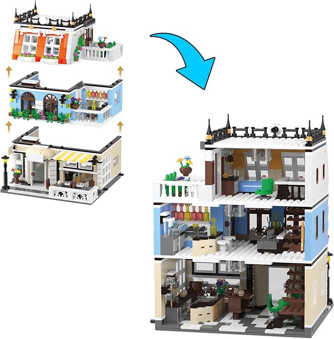 City Garden Hotel Building Blocks Toys Sets, City Street House Construction Toys with LED, 1300 Pieces Mini Bricks (Not Compatible with Lego)