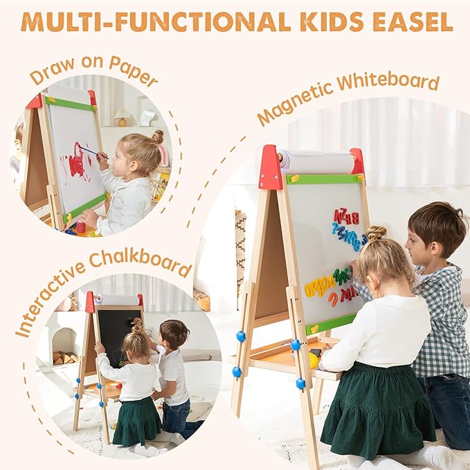 Tiny Land Easel for Kids with 2 Drawing Paper Roll, Learning-Toy for 3,4,5,6,7,8 Years Old Boy & Girls, Wooden Chalkboard & Magnetic Whiteboard & Painting Paper Stand, Gift & Art Supplies for Toddler