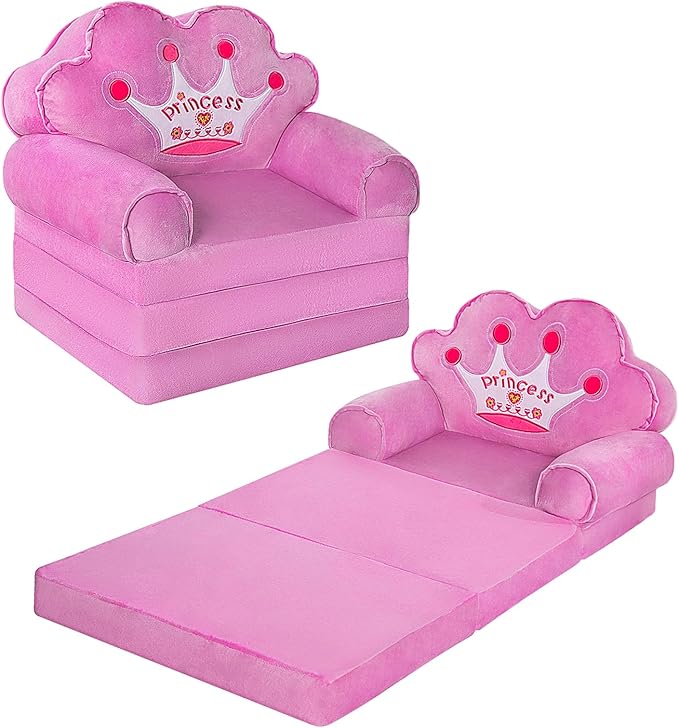 MOONBEEKI Kids Couch Fold Out, Foldable Princess Chair for Toddlers 1-3, Sofa Bed for Kids Folding Toddler Bed Lounger Chair for Bedroom, Toddler Couch Bed for Girl