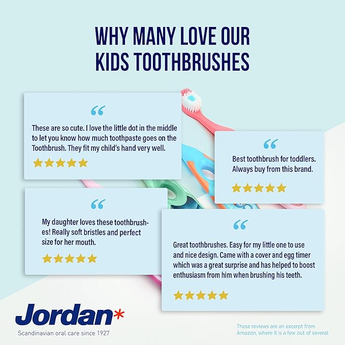 Jordan* Step 2 Kids Toothbrush, 3-5 Years, Soft Bristles, BPA Free (4 Pack) Blue & Green