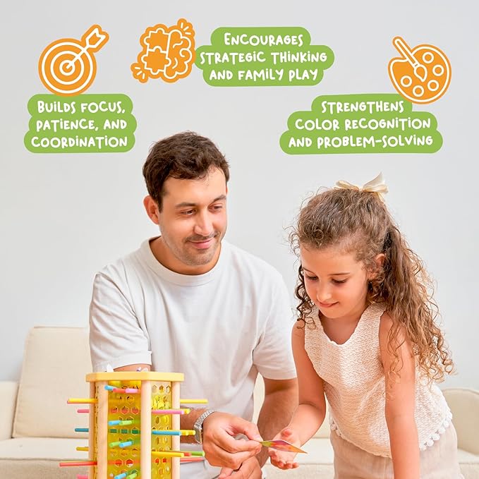 Nene Toys BeeFall, 4-in-1 Wooden Honey Bee Toy for Kids Ages 3-9 - Educational Game with Wooden Honeybee Hive, 12 Bees, Colorful Sticks, Dice & Cards - Fun Family Game for Cognitive Development