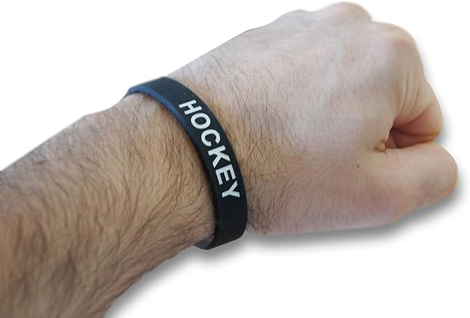 Novel Merk 12-Piece White Text Black Hockey Party Favor & School Carnival Prize Sports Silicone Wristband Bracelet
