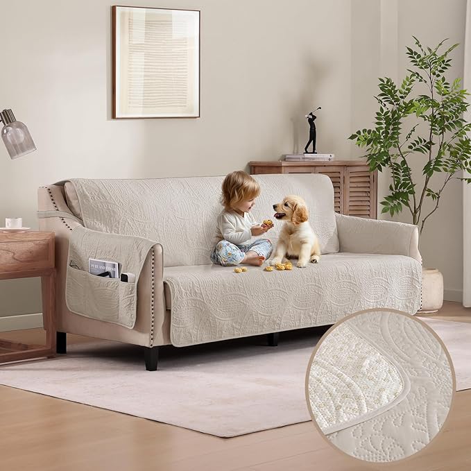Soft Quilted Couch Cover with Pockets for Extra-Large Sofa, Anti-Slip Sofa Covers Washable for 3 Cushion Pet Friendly, Oversized Sofa Cover Water-Repellent (X-Large Sofa 78", Beige Cream)