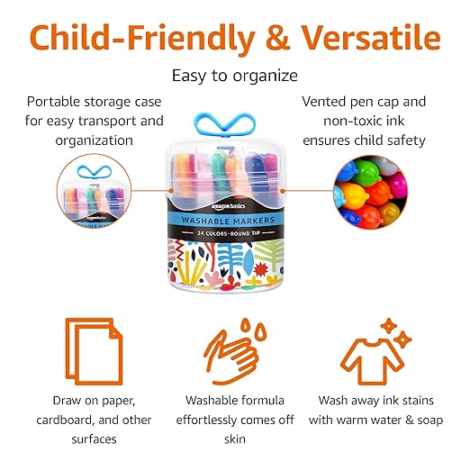Amazon Basics Washable Markers for Kids, Round Tip Assorted, Pack 24