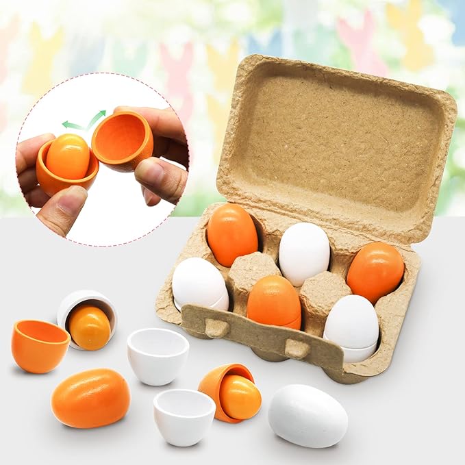 Newmemo Easter Wooden Eggs 6pcs Faux Fake Eggs Easter Decor Eggs Wooden Chicken Eggs Paintable Eggs for DIY Crafts Easter Egg Painting Chicken Coop Pretend Play Kitchen Toy Food Easter Basket Stuffers