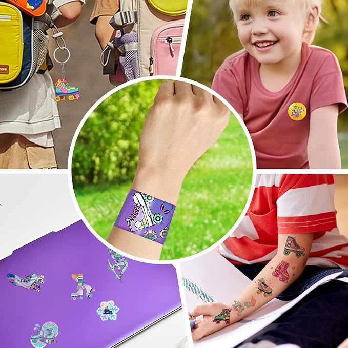 Roller Skate Party Favors 98PCS Slap Bracelets, Stickers, Key Chains, Pin Badges and Temporary Tattoos for Kids Boys Girls Throwback 80s 90s Roller Skating Hip Hop Birthday Party Supplies Decorations