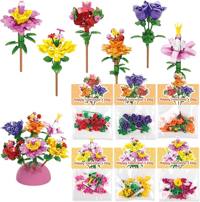 Valentines Day Gifts for Kids - 24 Pack Prefilled Valentine's Day Cards with Flower Building Blocks Crafts for School Classroom Class Party Favor, Valentines Gifts Bulk Exchange for Boys Girls Teens