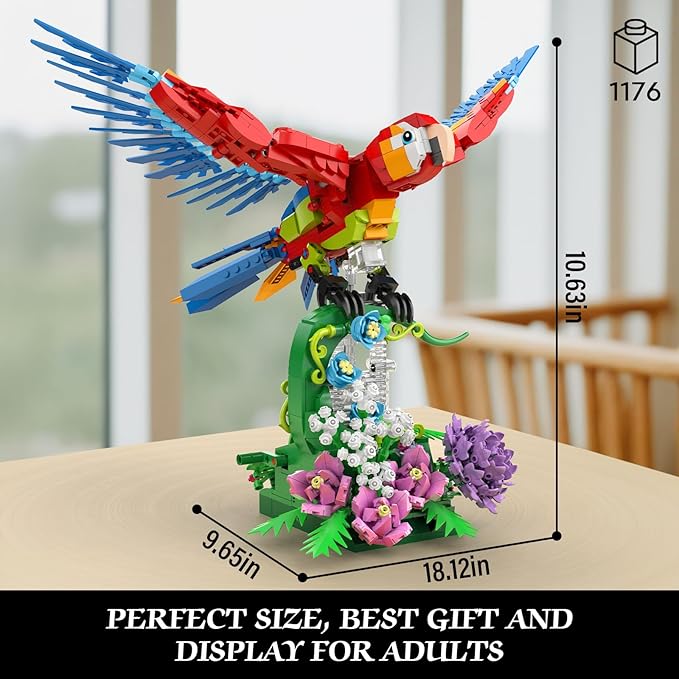 Parrot Floral Building Set, MOC Flower and Parrot Collectible Table Art Kit, Creator 2 in 1 Animals Bird Ideas Gifts Toys for Adults and Kids Age 12+ (1176 PCS)