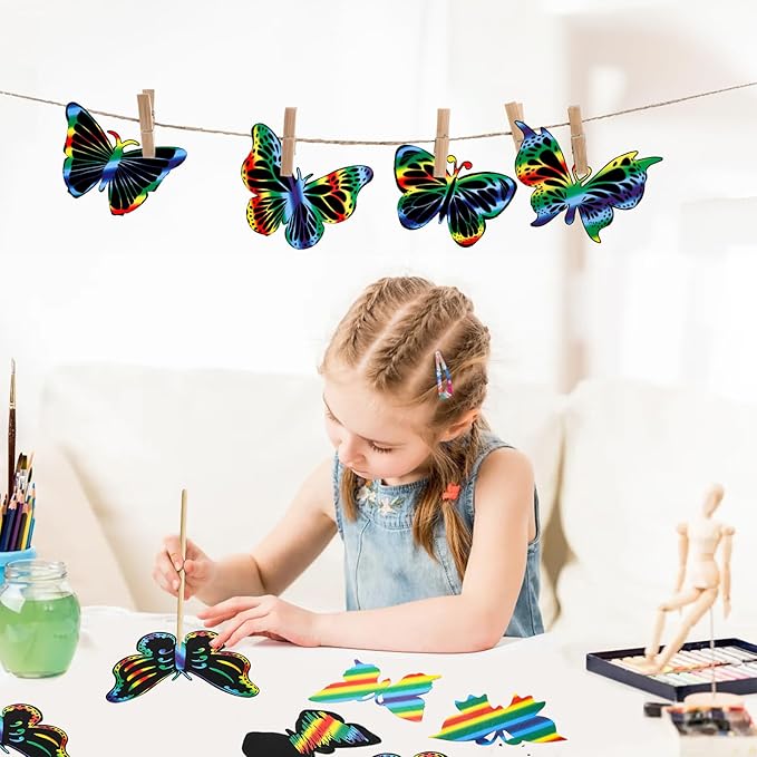 Mezchi 120 Pcs Butterfly Scratch Art for Kids, Rainbow Scratch Paper with 12 Wooden Stylus, Black Scratch Off Paper for Kids, Butterfly Crafts for Kids DIY Crafts, Scratch Art Party Favors,12 Styles