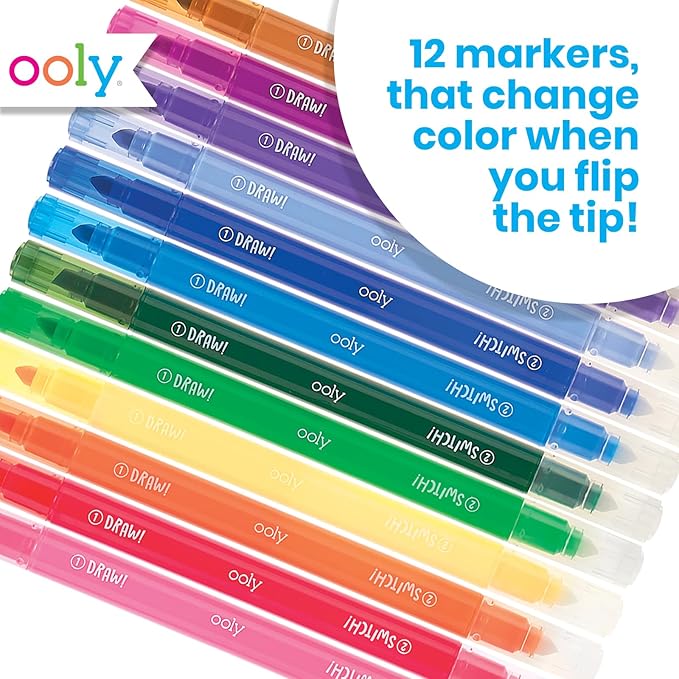 Ooly 12 Pack Switch-eroo Double Sided Color Changing Markers with Sketchbook, Color Changeable Chisel Tip Markers for Kids Art Supplies - 12 Pack & Sketchbook Bundle