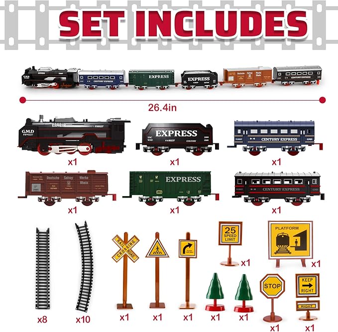 deAO Train Set with Light for Kids, Cargo Cars and Long Track for Boys & Girls Aged 3-12, Train Toys Railway Kits with Signposts & Trees, Electric Train Race Track Playset,Great for Birthday & Xmas