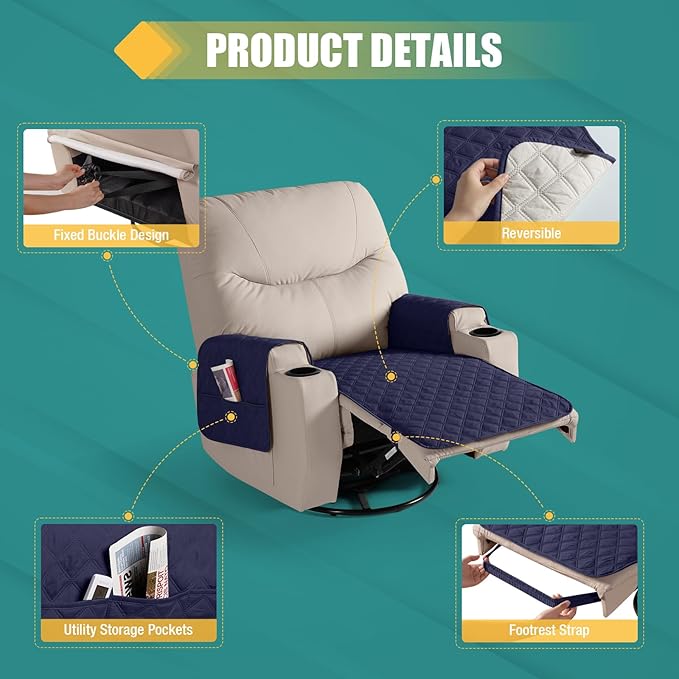 Ruaozz Waterproof Recliner Chair Covers Non Slip Chair Covers Recliner Seat Cover with Arms Washable Recliner Covers for Reclining Chair with Pocket, Covers for Recliner Chair (Dark Blue, Small-22'')