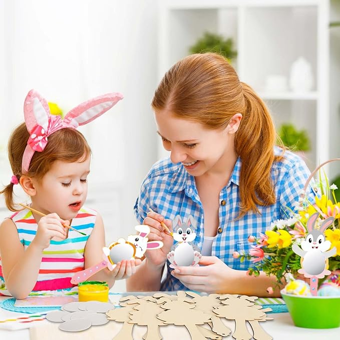 Fennoral 9 Pack Wooden Easter Bunny Craft for Kids Decorate You Own Bunny Mirrors for Girls DIY Paint Hand Mirror for Easter Art Activities Spring Easter Gifts