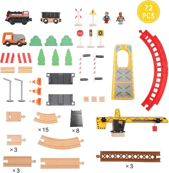 Giant bean 72PCS Tower Crane Wooden Train Set, Battery Operated Electric Train Track for Boys and Girls 3-7, Christmas Birthday Toy Gift
