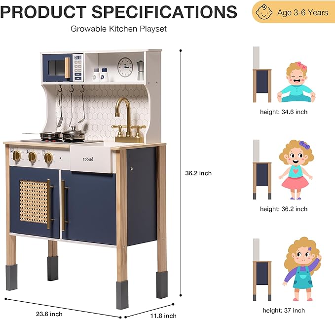 ROBUD Play Kitchen, Wooden Kids Kitchen Playset with Sounds & Lights, Pretend Play Kitchen Set for Toddlers, Gift for Boys & Girls, Vintage Style, 3+ (Gem Blue)
