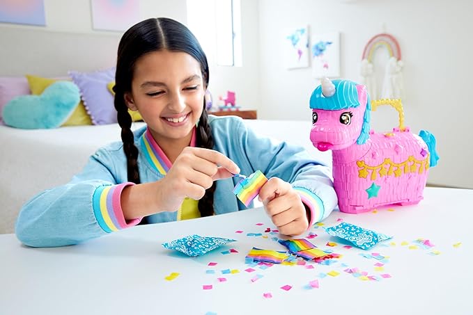 Polly Pocket Dolls & Playset with Pets & 25+ Surprise Accessories, Birthday Celebration Unicorn Partyland Playset, Hot Air Balloon Ride